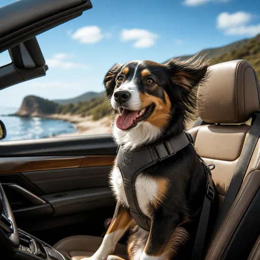 Image générée par intelligence artificielle Cabriolet d'occasion : avec un chien / des animaux à bord — illustration générée par IA