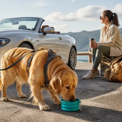 Image générée par intelligence artificielle Cabriolet d'occasion : avec un chien / des animaux à bord — illustration générée par IA