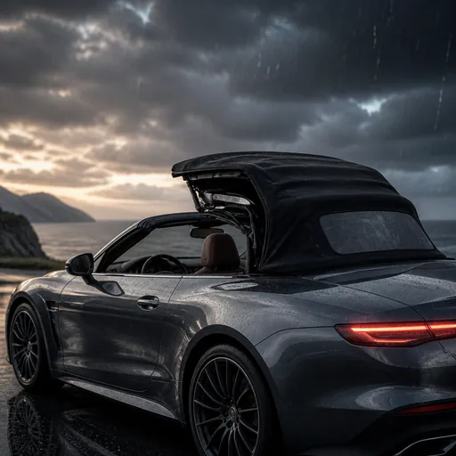 Image générée par intelligence artificielle Cabriolet sous la pluie : rouler capote ouverte… ou pas — illustration générée par IA