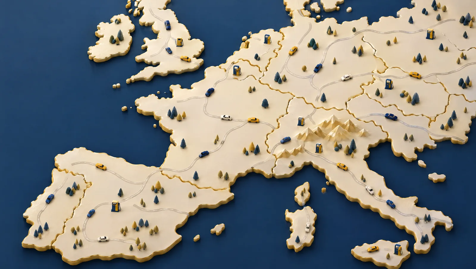 Carte stylisée de l'Europe avec de petites voitures sur les routes