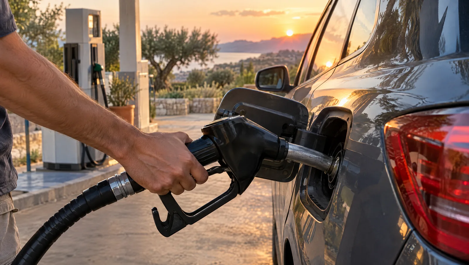 Plein de carburant à la pompe dans une station de bord de route, au coucher du soleil