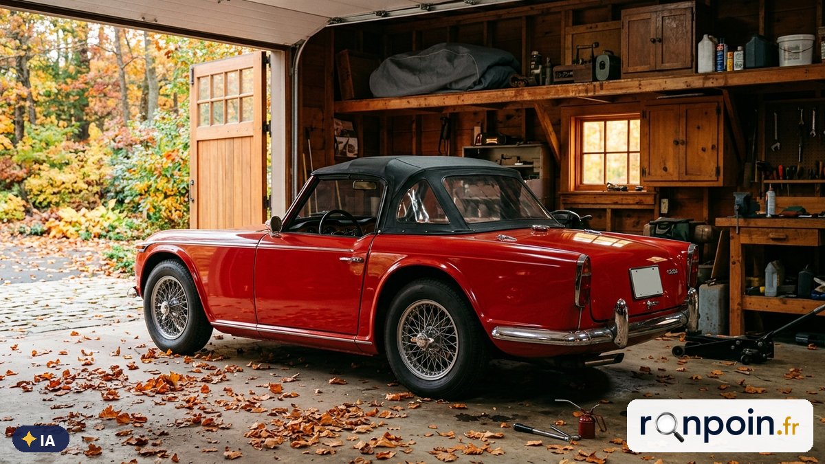 Cabriolet rouge capote fermée garé dans un garage en automne, feuilles mortes à l'entrée — illustration générée par IA