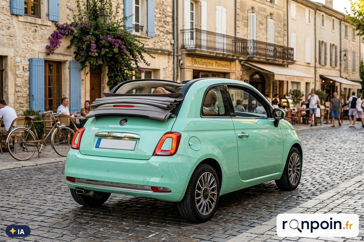 Fiat 500C vert menthe de trois quarts arrière, capote repliée — illustration générée par IA
