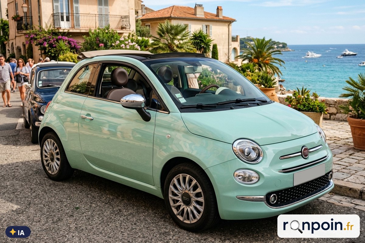 Fiat 500C vert menthe de trois quarts avant, capote ouverte — illustration générée par IA
