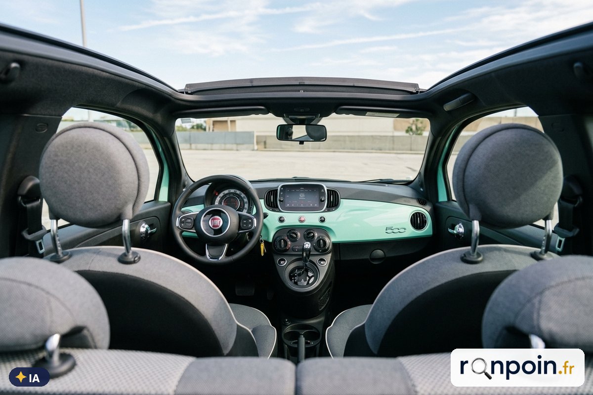 Planche de bord d'une Fiat 500C, capote ouverte — illustration générée par IA