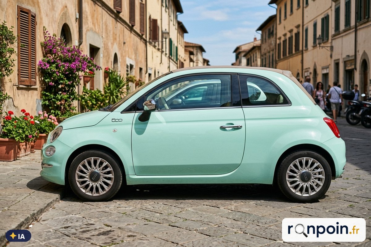Fiat 500C vert menthe de profil — illustration générée par IA
